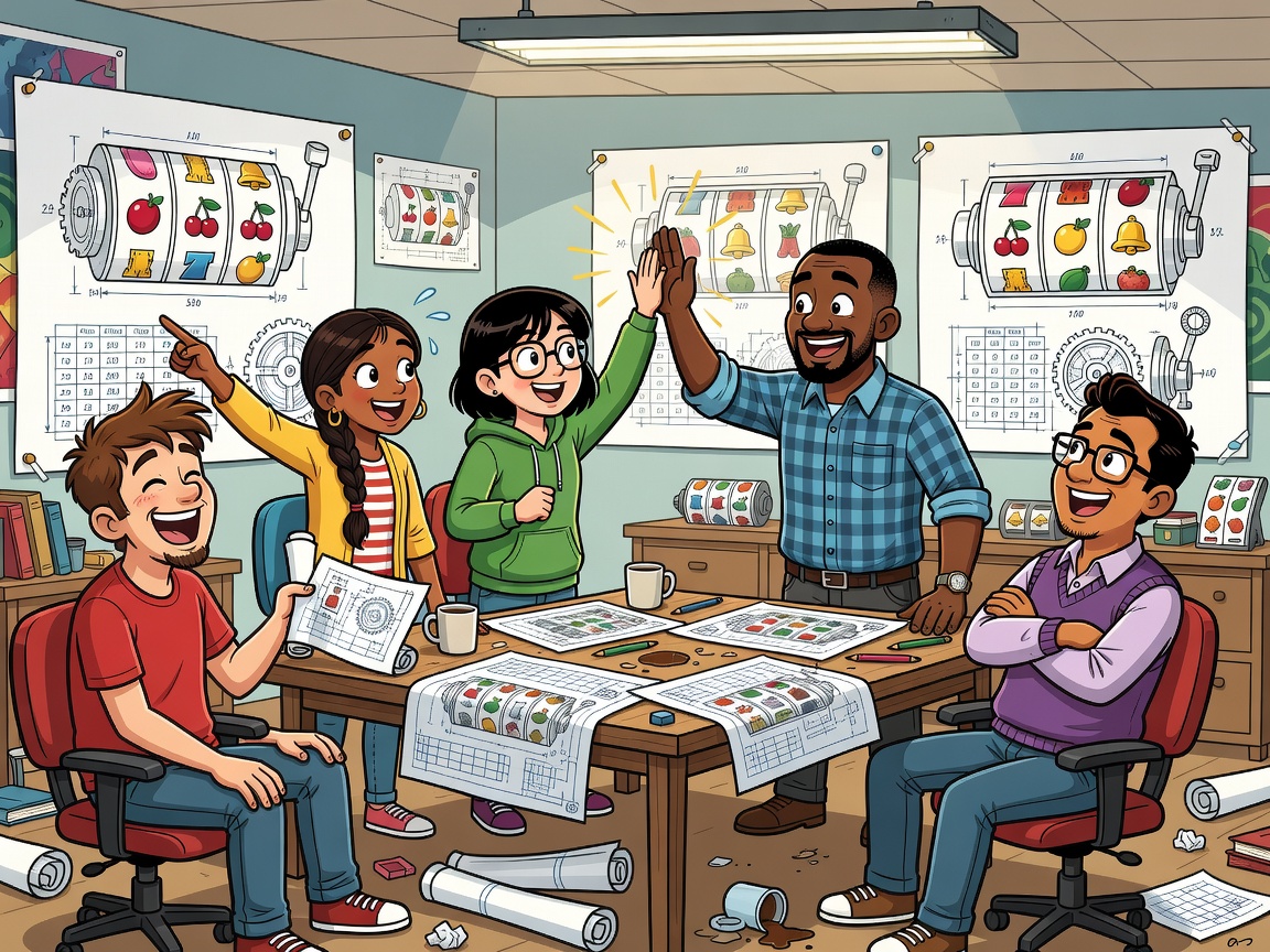 Cartoon game developers laughing and high-fiving surrounded by slot design schematics