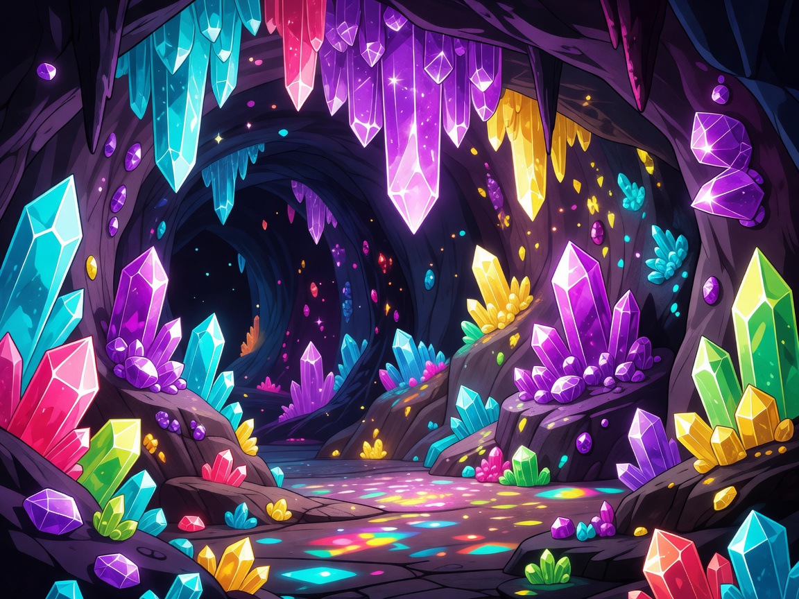 Colorful cartoon crystal cave with shining purple gems
