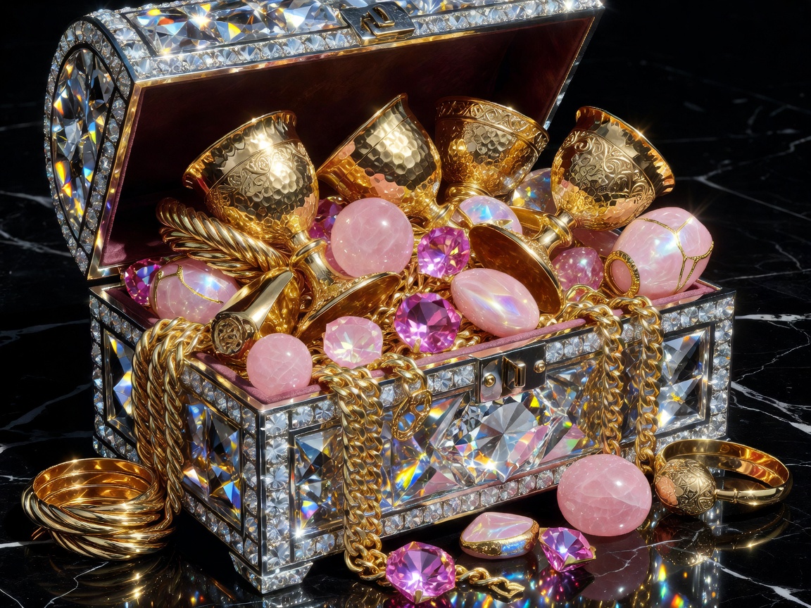 Bright vibrant diamond chest filled with shiny golden and pink artifacts